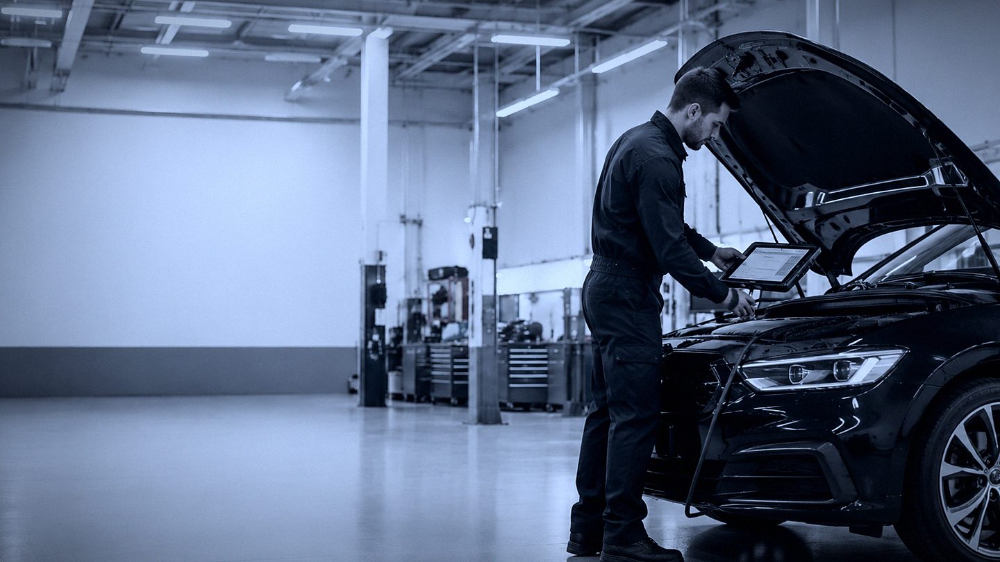 Técnico revisando el vano motor de un vehículo en el taller